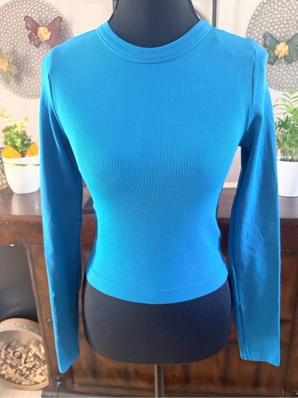 Happily Grey Women’s Long Sleeve Ribbed Crewneck Top in Teal Blue